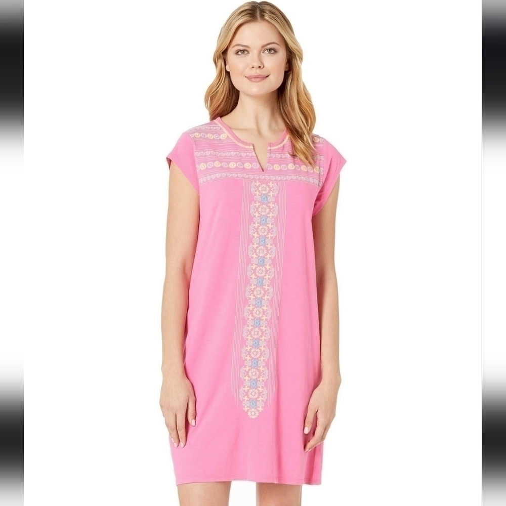 NWT Fresh Produce Baja Kayda Dress Flamingo Pink Embroidered Jersey Knit Cotton